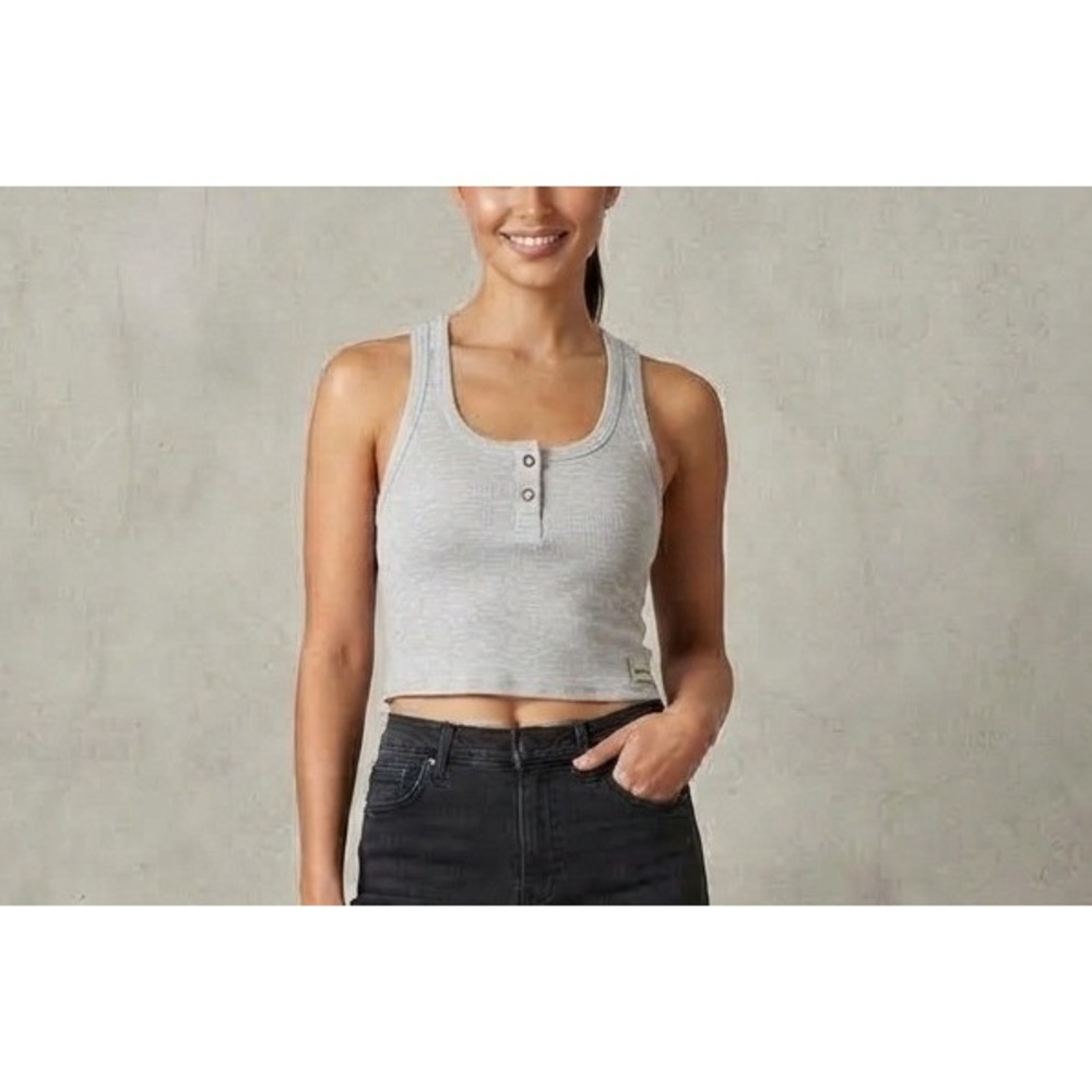 Vuori Henley Crop Tank Top Women Small Grey Excellent Ribbed Modal Blend